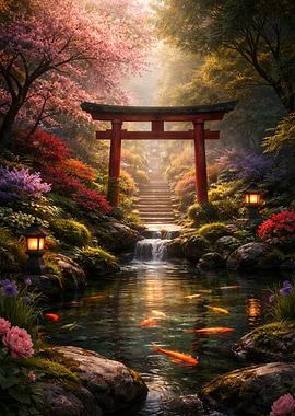 Serene Japanese Garden with Torii Gate