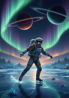 Astronaut Ice Skating Under Aurora