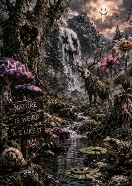 Surreal Forest Scene with Creepy Elements