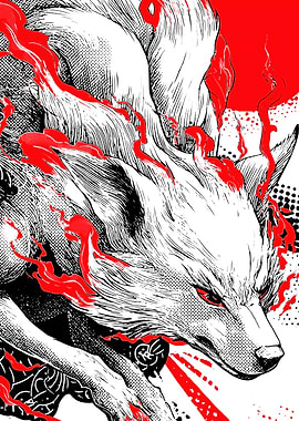 Fierce Fox Spirit with Red Flames