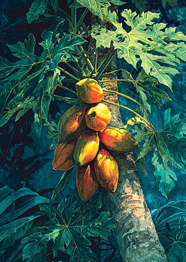 Vibrant Ripe Papaya Tropical Botanical Art