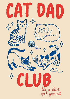 Cat Dad Club Poster, Cute Cat Lover Wall Art, Whimsical Cats Illustration Print