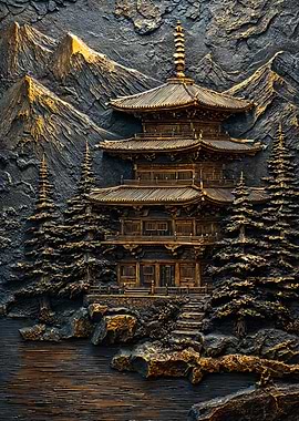 Golden Japanese Pagoda Stone Relief