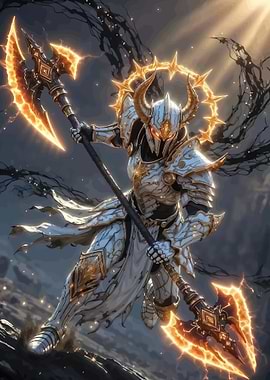 Warrior with glowing axe and halo