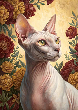 Sphynx Cat Portrait with Flowers