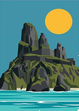 Island Mountain with Sun and Sea