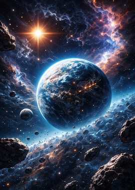 Earth in a Nebula with Asteroids