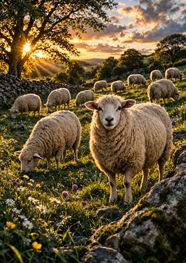 Sheep Grazing at Sunset