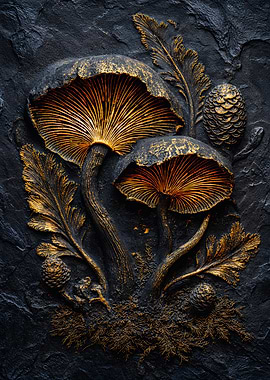 Golden Mushrooms Pine Cone Relief