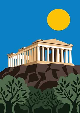 Parthenon on a rocky hill with olive trees