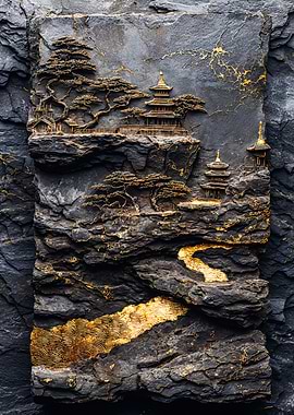 Golden Asian Landscape Stone Relief