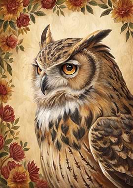 Majestic Owl with Floral Border