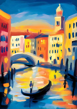 Venice Fauvist Cityscape – Gondola Canal Colorful Art