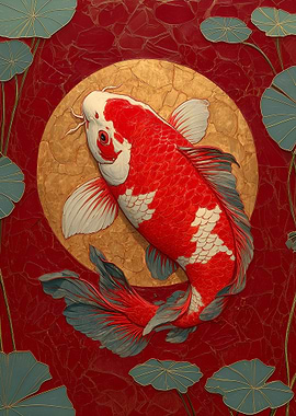Koi Fish with Lotus Flowers