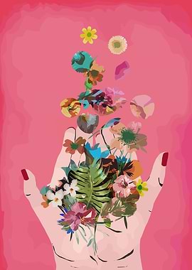 Hands holding falling flowers