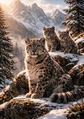 Snow Leopard Family in Mountains