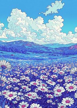 Daisy Field Under Blue Sky