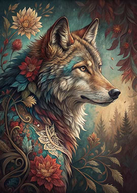 Wolf adorned with flowers and foliage