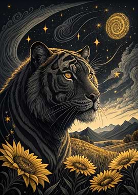 Tiger in a Starry Sunflower Field