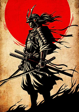 Samurai Warrior with Swords and Red Sun