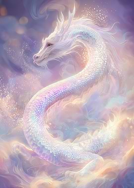 Iridescent White Dragon in Clouds