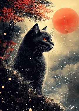 Black Cat Under a Red Moon