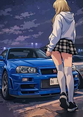 Anime girl with blue Nissan GT-R poster