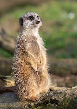 Meerkat standing alert on a log