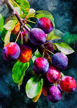 Vibrant Plums on Branch Botanical Watercolor Art
