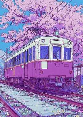 Anime Train Under Cherry Blossoms