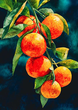 Vibrant Oranges on Branch Watercolor Art