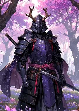 Samurai Warrior in Cherry Blossom Forest