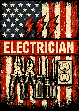 Electrician Poster, Patriotic USA Flag Wall Art, Vintage Tools Workshop Print