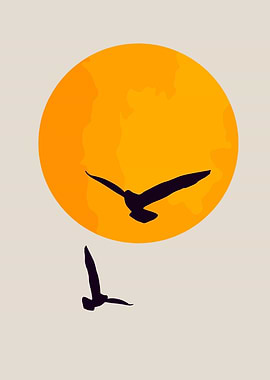 Birds flying in front of the sun