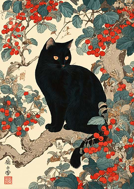 Black Cat Among Red Berries
