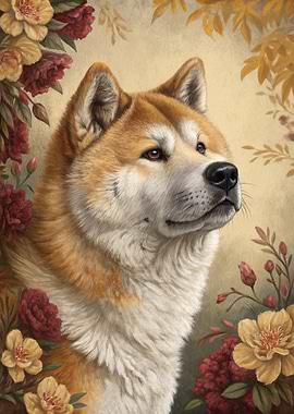 Akita Dog Portrait with Flowers