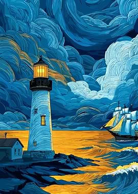 Lighthouse and Ship in Stormy Seas