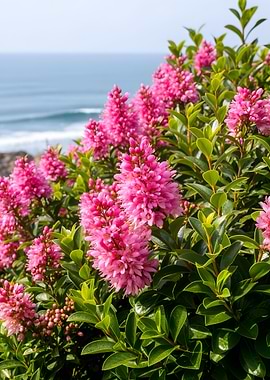 Pink Flowers by the Ocean
