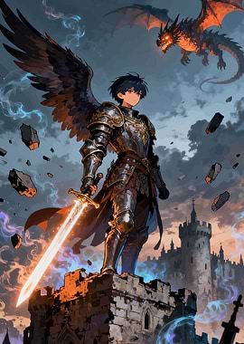 Anime Knight Facing Dragon