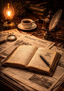 Vintage Desk with Open Book and Lamp