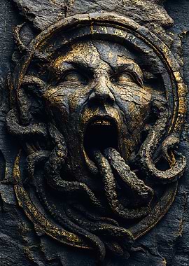 Gorgon Medusa Screaming Golden Stone Relief