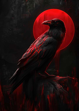 Fiery Raven Under a Red Moon