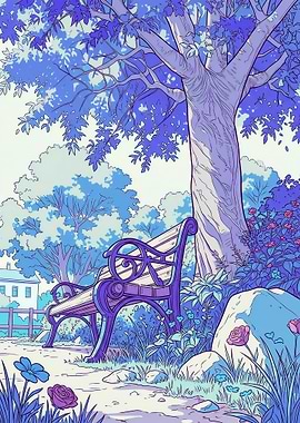 Tranquil Park Bench Under a Blue Tree