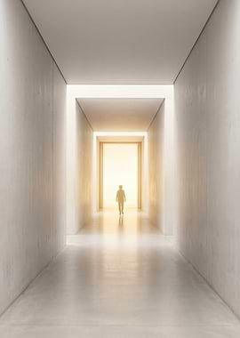 Person walking towards bright light in hallway