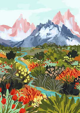 Mountain Landscape with River and Flowers
