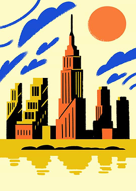 Art Deco Cityscape with Sun and Clouds