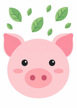 Cute Pig with Green Leaves