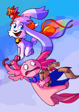 Cute cartoon characters flying in the sky