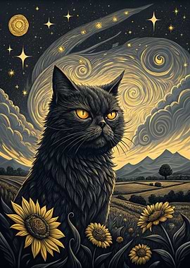 Black Cat in Starry Night Landscape