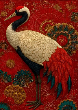 Red Crowned Crane with Floral Background